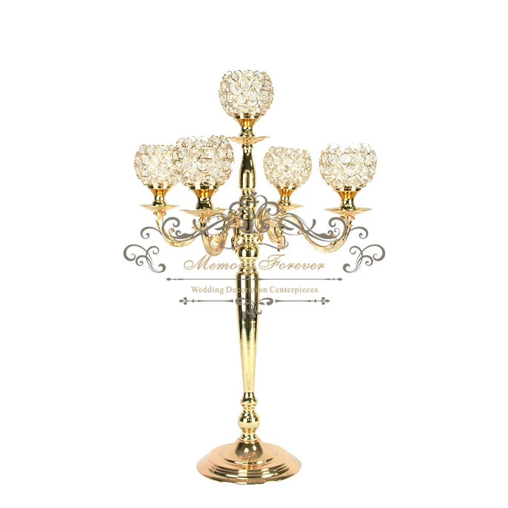 

75cm Tall Crystal Candelabra 5 Head Metal Gold Candle Holder for Wedding Decoration Table Centerpiece Rustic Marriage Decor