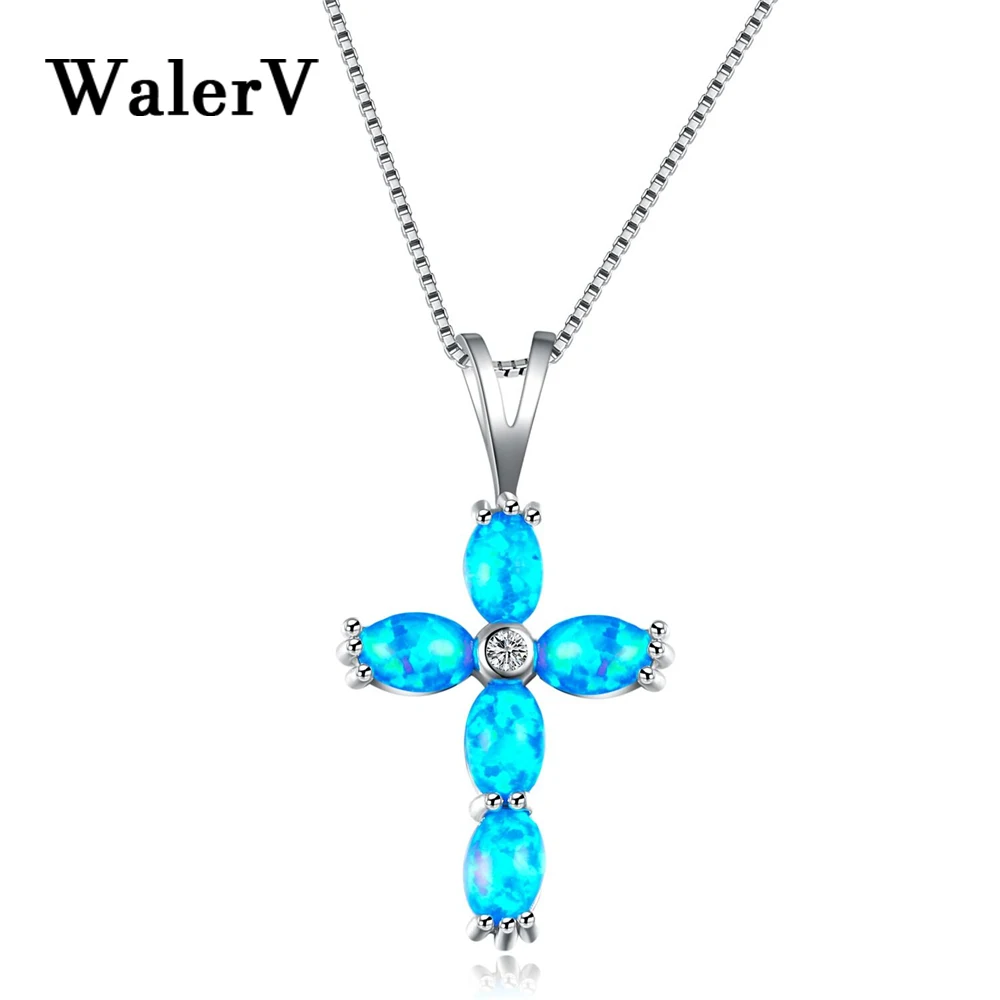 WalerV Vintage Blue Fire Imitation Opal Cross Pendant Necklaces For Women High Quality  Sterling  Belief Christian Gift