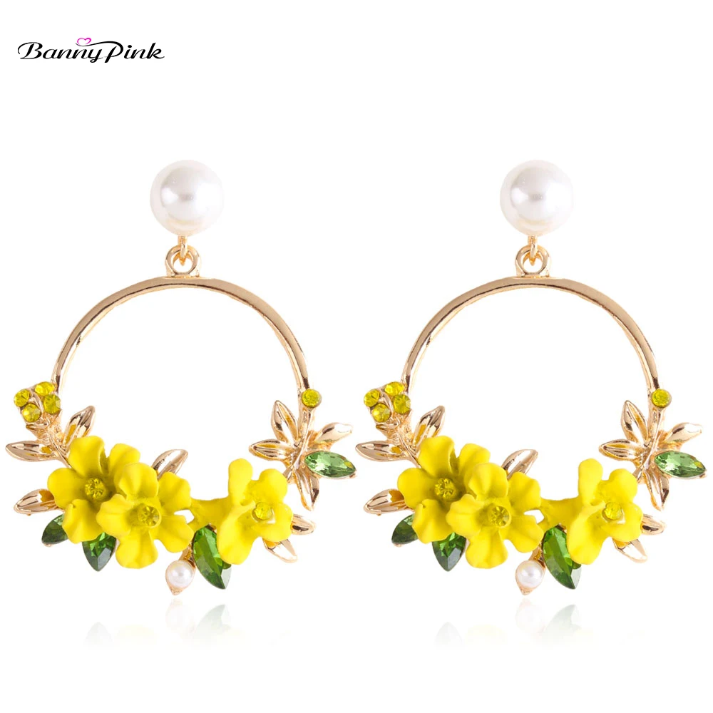 Banny Pink Wedding Flower Statement Studs Earrings For Women Big Circle Pendant Post Earrings New Hope Charms Earrings Jewelry