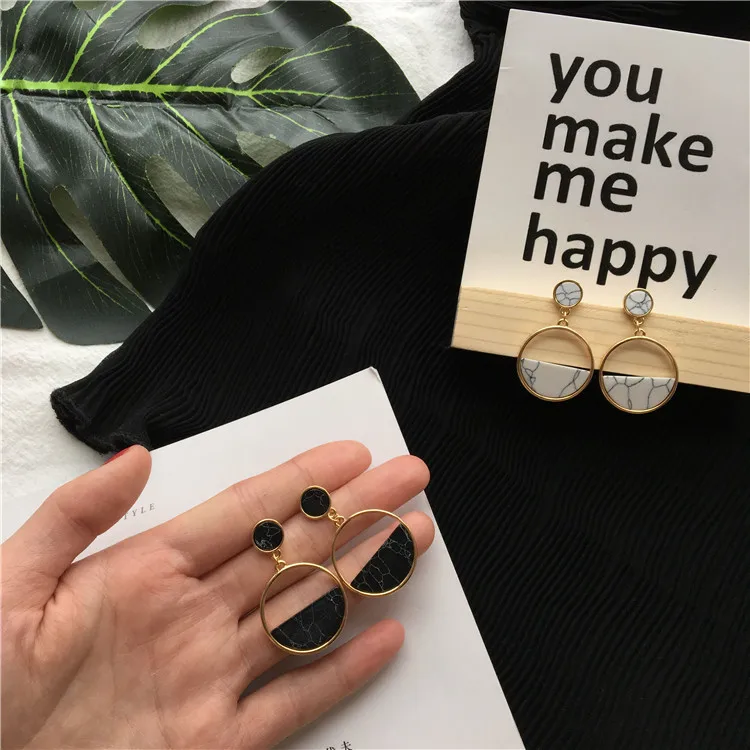 South Korea\'s new fashion simple geometric round marble long earrings girls popular earrings temperament EE88 earrings