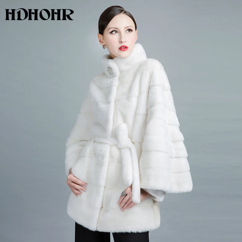 HDHOHR 2024 화이트 밍크 모피 코트, 천연 밍크 모피 코트, 벨트 포함, 진짜 스트립, 두꺼운 재킷, 여성 패션, 진짜 모피 코트, 신제품