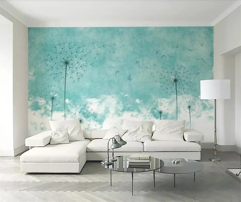 beibehang Custom Made Fresco Wallpapers 3d Fresh Modern Scandinavian Style Blue Dandelion Birds TV Wallpaper 3d papel de parede