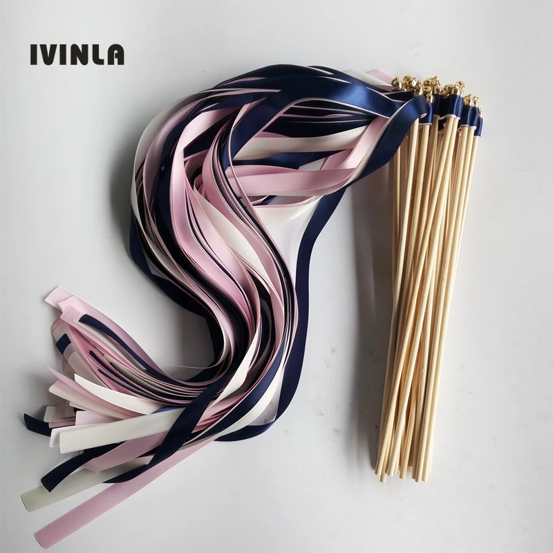 50pcs/lot grey pink and navy  Wedding ribbon Wands  with sliver Bells for wedding decoration