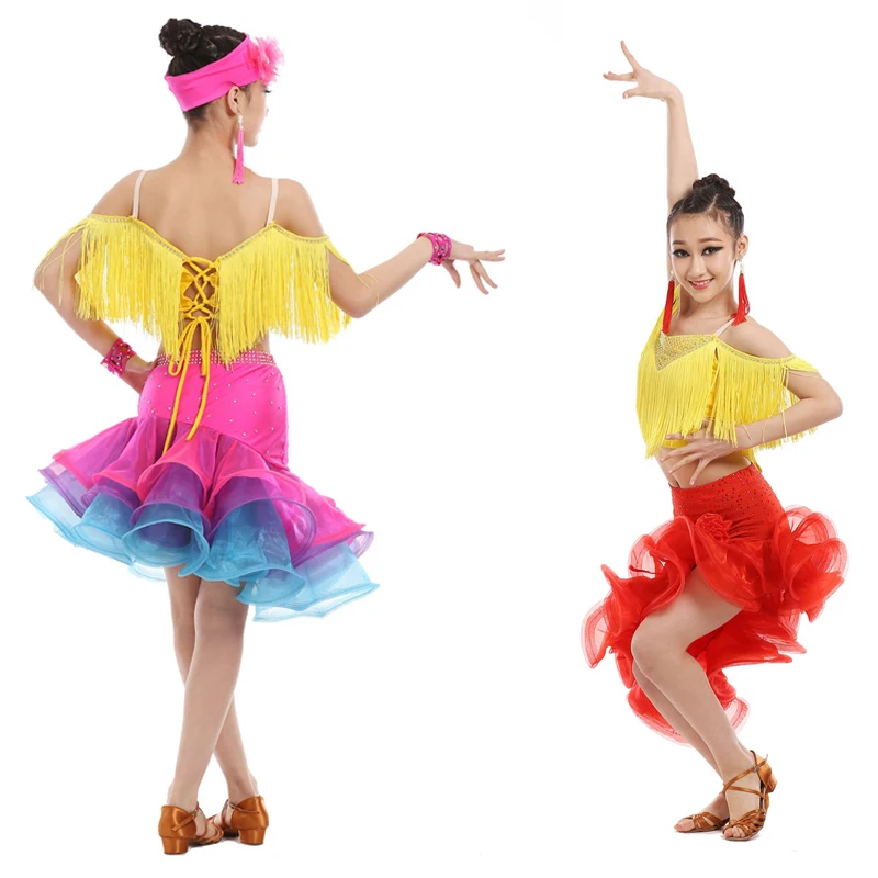Kids Tassels Latin Salsa Ballroom Stage wear Dance Competition Dresses Costumes for Girls Dancer Wear Dancing Clothes