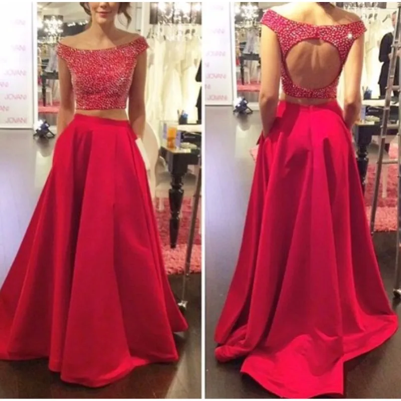 

2017 New Two Piece Prom Dresses Long Red Bbeaded O-Neck vestidos de baile Formal Evening Party Gowns Open Back