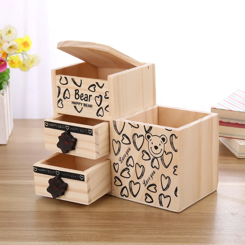 Bear Wooden Pen Holder Kawaii Desk Tidy Organizer Pencil Holder Cute Anime Cartoon Desktop Pen Pot Creative Office Accessories