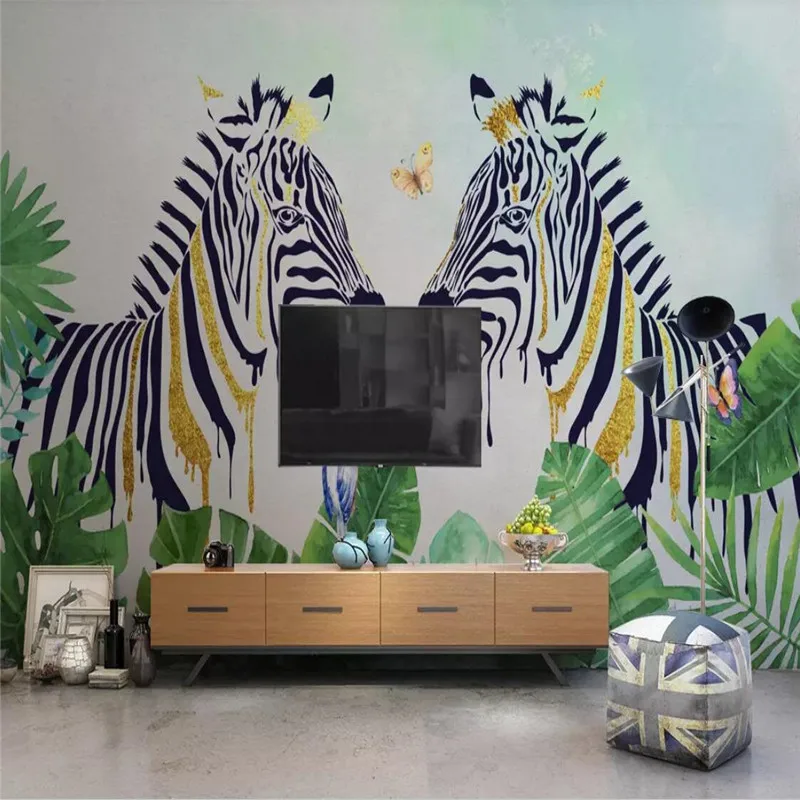 Custom Mural Wallpaper Nordic Hand-painted Tropical Plants Zebra Background Wall