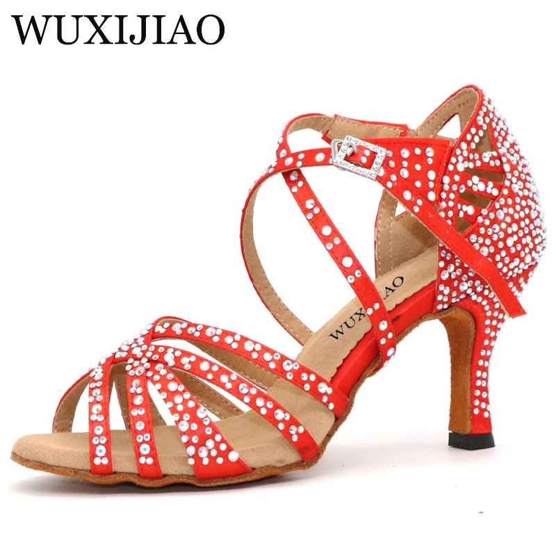 WUXIJIAO Latin dance shoes big small rhinestone bright Red blue satin Women Salsa dance shoes wedding party shoes Flare 7.5cm