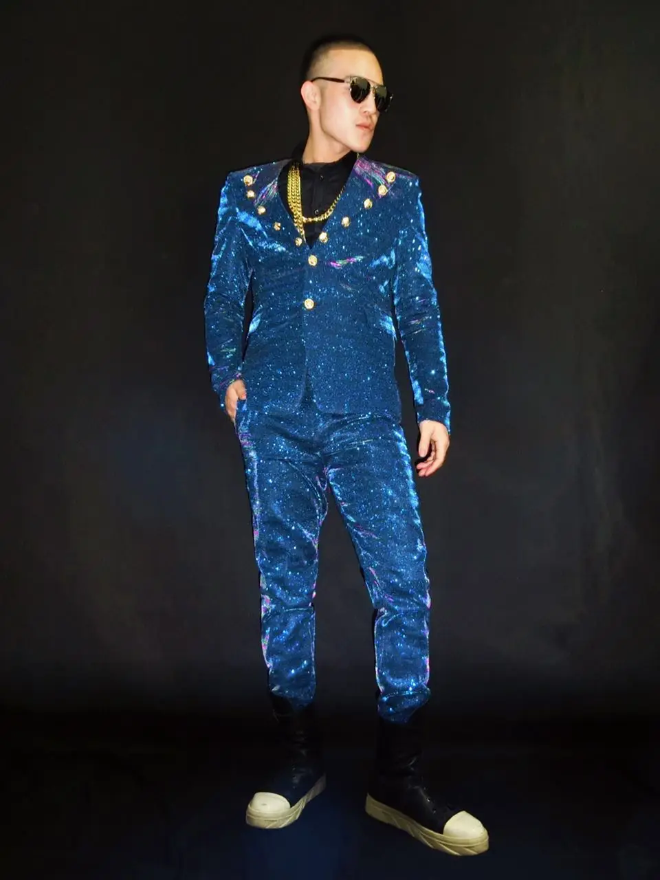 

New Iridescence sapphire super flash Royal style big lapels costumes suit Male singer DJ ds costumes Nightbar stars