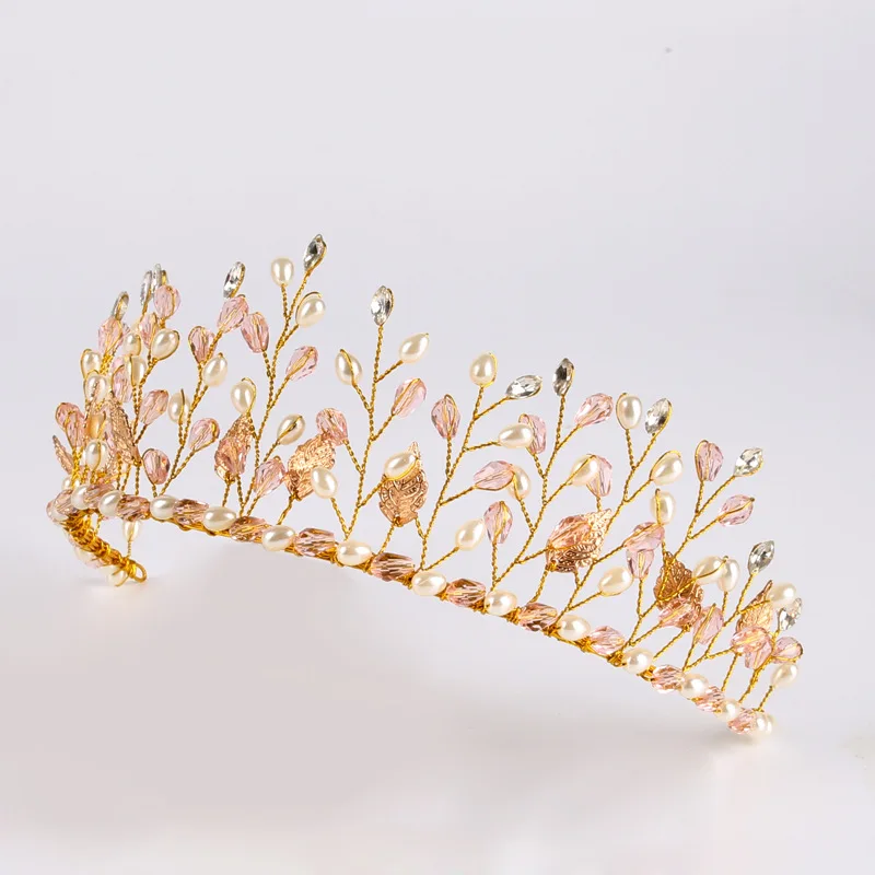 JaneVini Bruid Haar Accessoires Princess Tiara Crown Pink Crystal Gold Metal Pearl Wedding Hair Accessories Bride Party Headwear