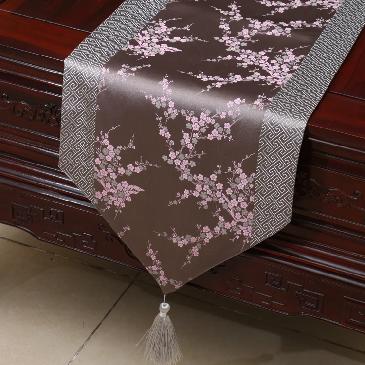 Custom Cherry Blossom Table Runner, Elegant Silk Satin Table Cloth, Dining Table Mat, Tea Pad, Christmas Decorations