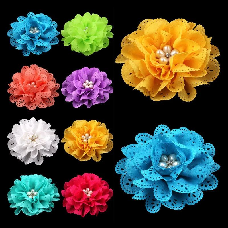 

50pcs/lot 4" 15colors Artificial Eyelet Silk Hair Flower+Pearl Button For Children Hair Accessories Fabric Flowers For Headbands