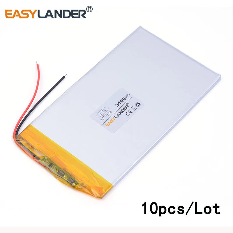 10pcs /Lot 3075135 3100mah lithium Li ion polymer rechargeable battery and 9 inches tablet batteries large volume thin 0375135