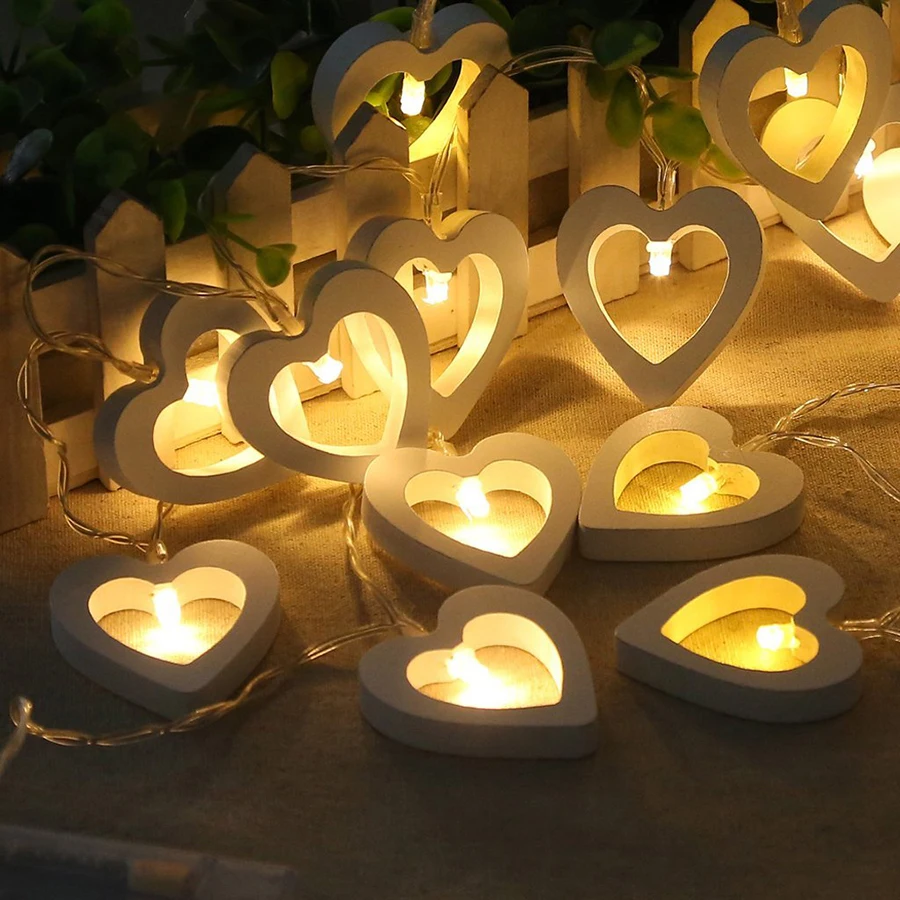 1M 10leds Creative Wooden Heart LED String Lights Christmas Valentine's Day Fairy Light Garden Birthday Event Party Decor Lights