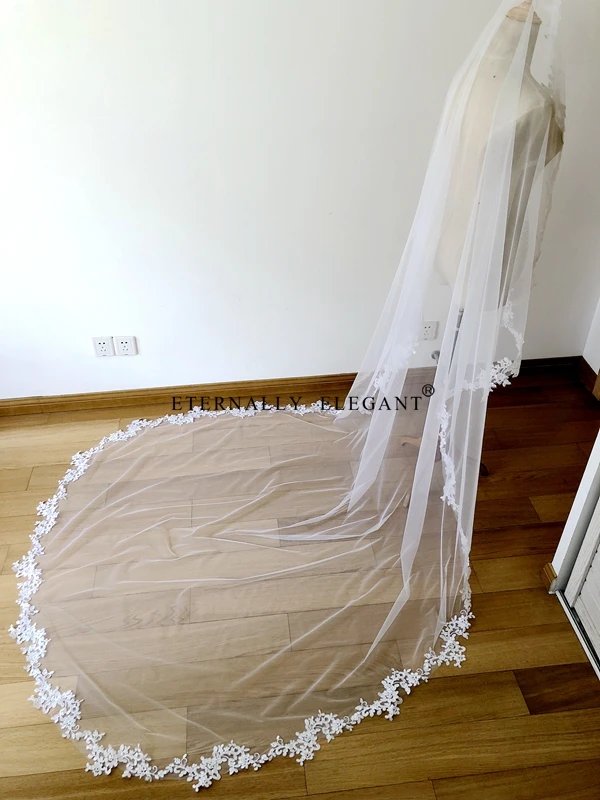 Velo De novia Blanco/Marfil De 3m De largo, accesorio De boda, Mantilla De encaje, catedral, fotos reales