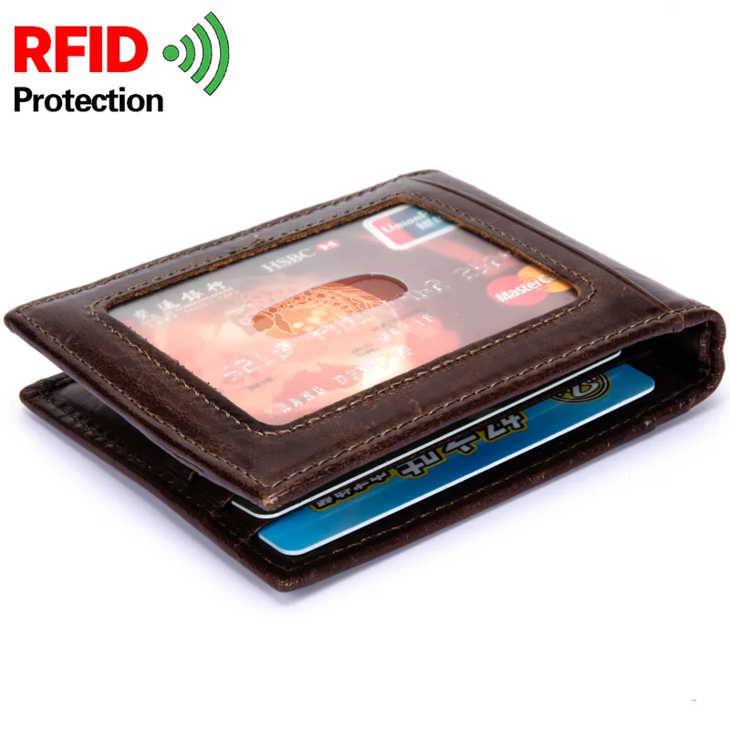 محفظة من الجلد الطبيعي مع قفل RFID للرجال ، محفظة صغيرة مع مشبك أمان للبطاقات ، حامل نقود صغير