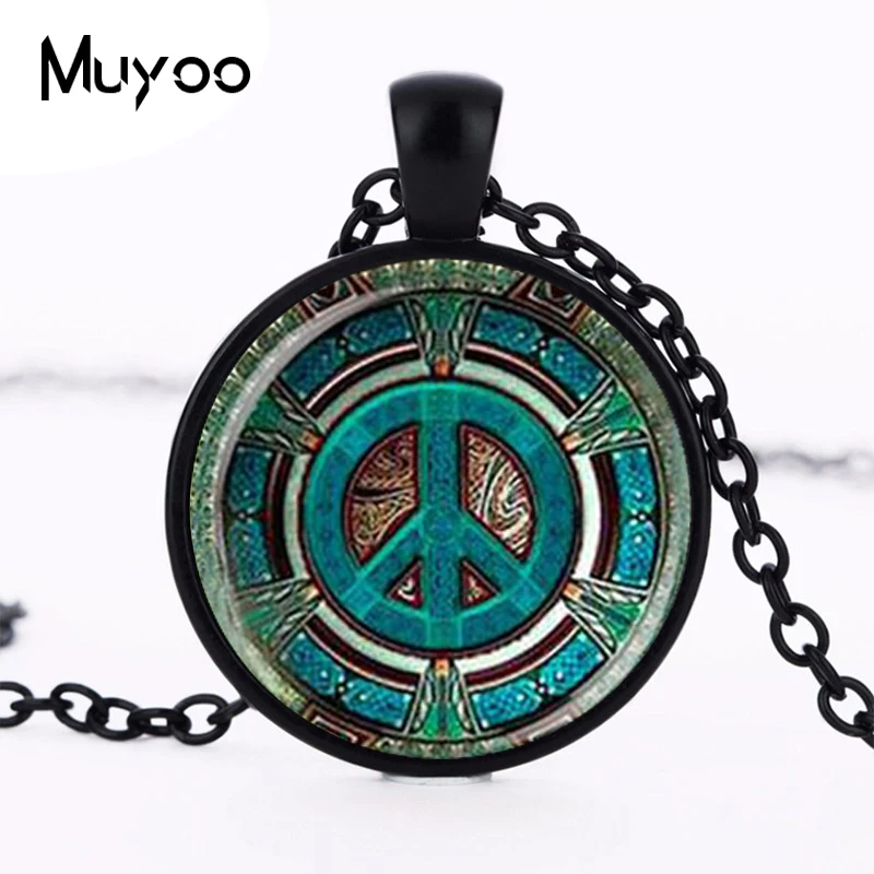 Hippie Peace Sign Glass Dome Pendant Necklace DIY Handmade Fashion Jewelry Vintage Charm Trendy Gift for Men Women HZ1