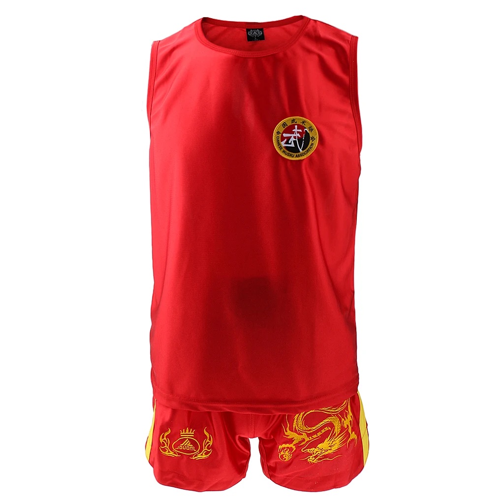 Boxing Martial Arts MMA Sanda Wushu Muay Thai Boxeo Taekwondo Clothes Dragon Embroidered Uniform Shorts Red XL Vest Set Kits