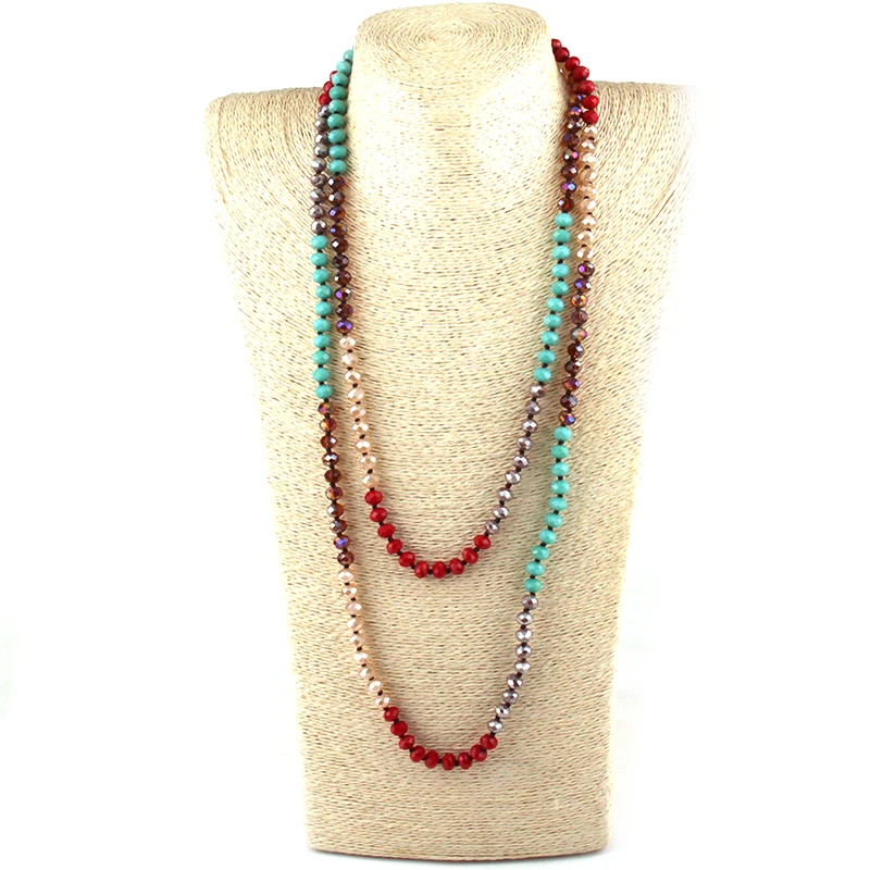 Fashion Bohemian Jewelry 5X8 Crystal Glass Long knotted Halsband Mumti Color Crystal Necklace