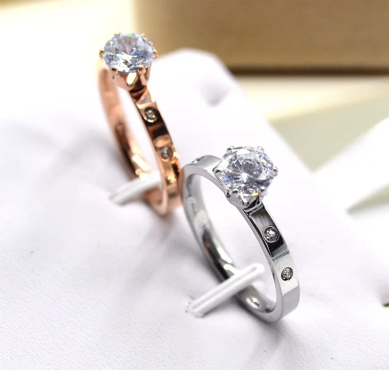 YUN RUO Fashion One Carat Zircon Wedding Ring Couple Rose Gold Color Woman Birthday Gift Party Titanium Steel Jewelry Never Fade