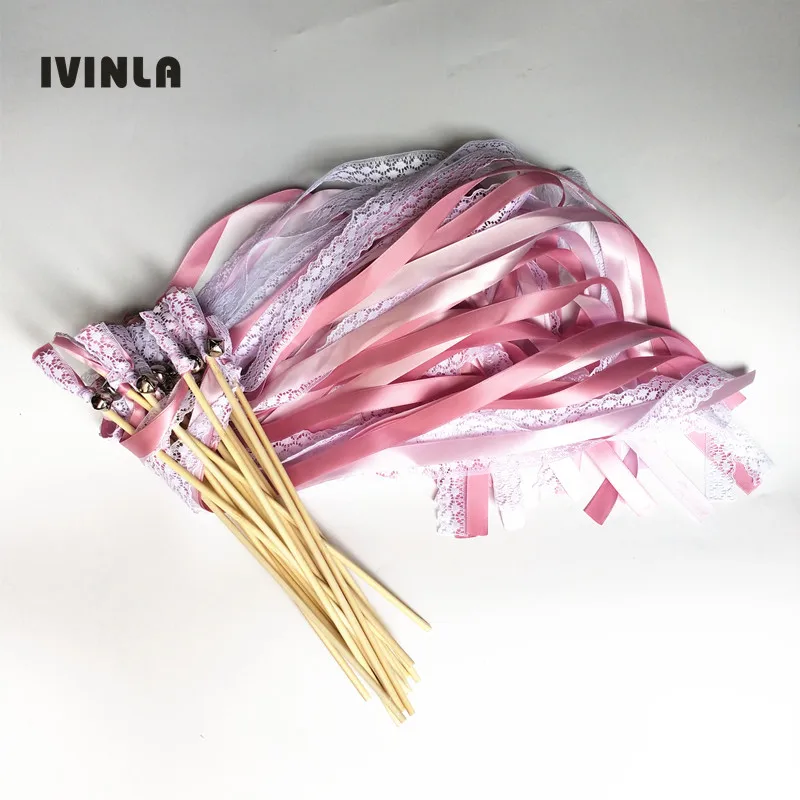 

Hot Selling 50Pcs/Lot dark pink Lace Wedding Ribbon Wands with Sliver Bell For Wedding Decoration