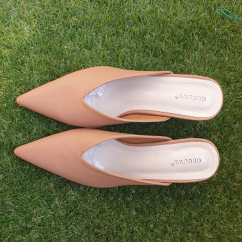 2021 Summer Elegant Women Nude Beige Pointed Toe Slipper Mules Block Low 5cm High Heels Luxury Brand Outsides Beach Slides Shoes