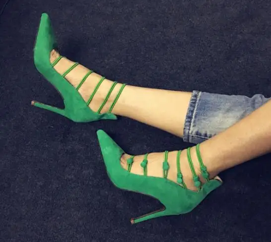 

2017 Summer New Women Sexy Solid Green Gladiator Cuts Out Pointed Toe Stiletto Heel Party Dress Pumps High Heel Shoes