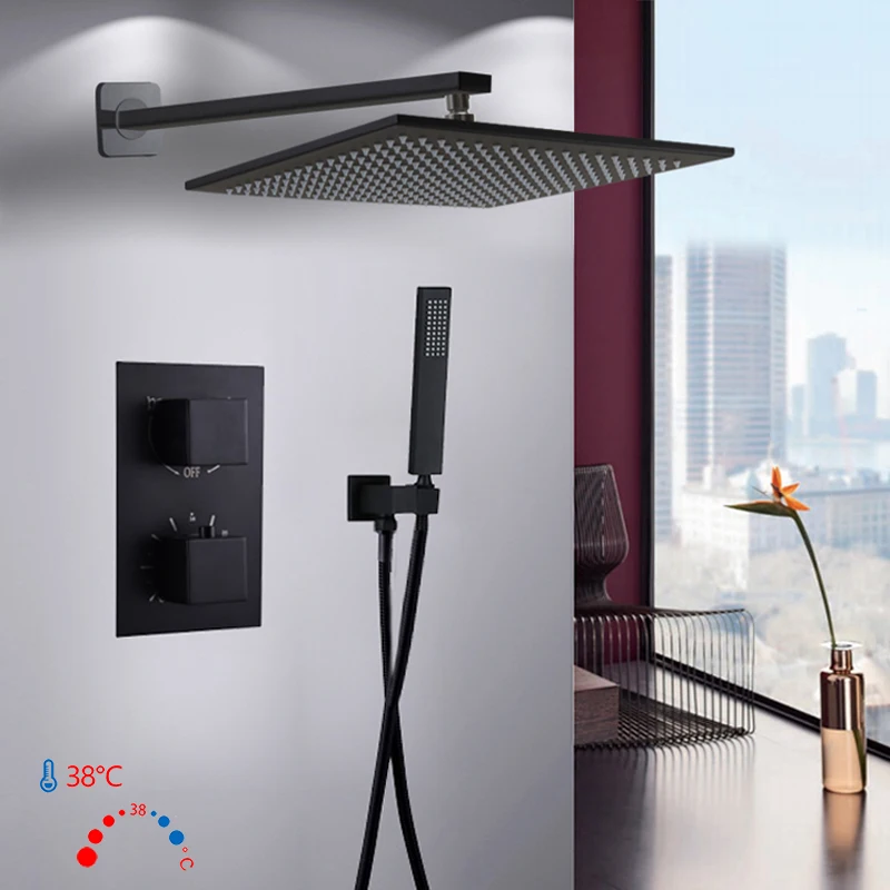 

Black Color Brass Square Rain Shower Two Function Thermostatic Shower Mixer Valve Shower