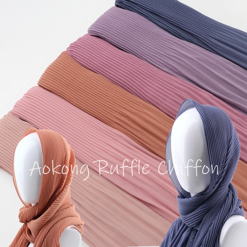 10pcs/Lot Women Solid Plain Pleated Wraps Long Islam Shawls Muslim Crinkle Ruffle Chiffon Scarves Hijabs