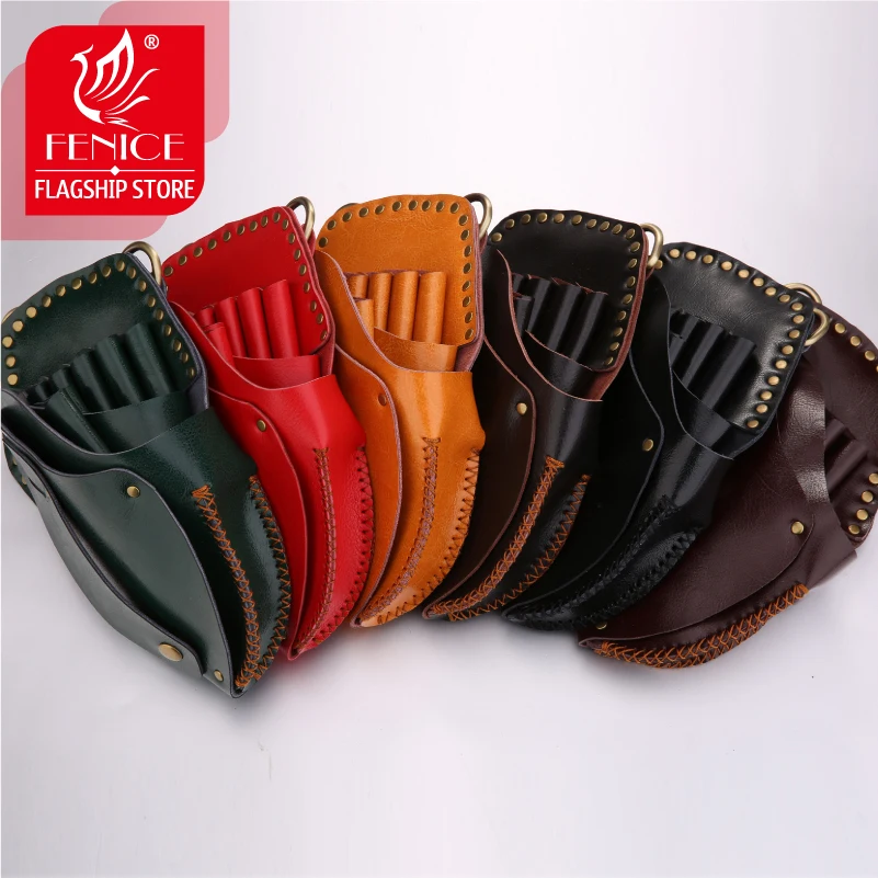 Fenice High Quality Vintage  Leather Case Hairdressing Barber Salon Holster Pouch Styling Tools 7 Hair Scissors Bag