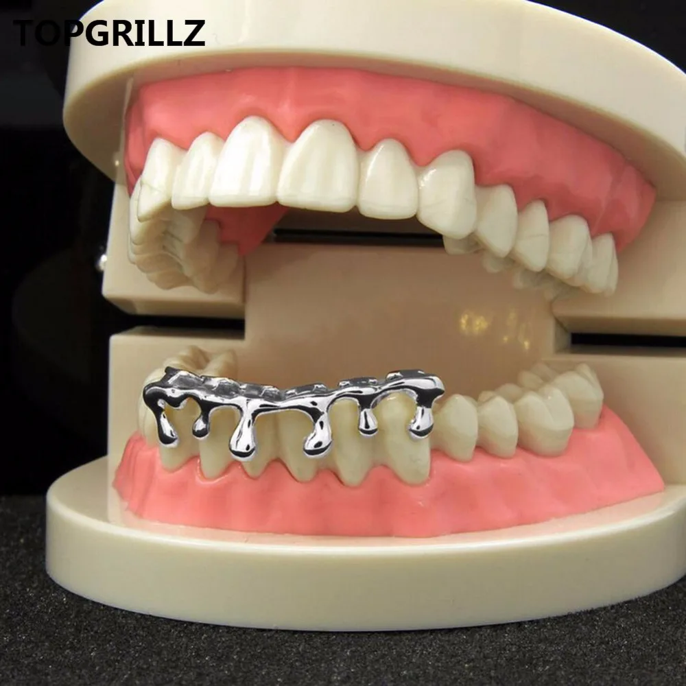 TOPGRILLZ Fit Light Yellow Gold Color Rose Plated Hip Hop Teeth Drip Grillz Caps Lower Bottom Grill Silver Color Grills