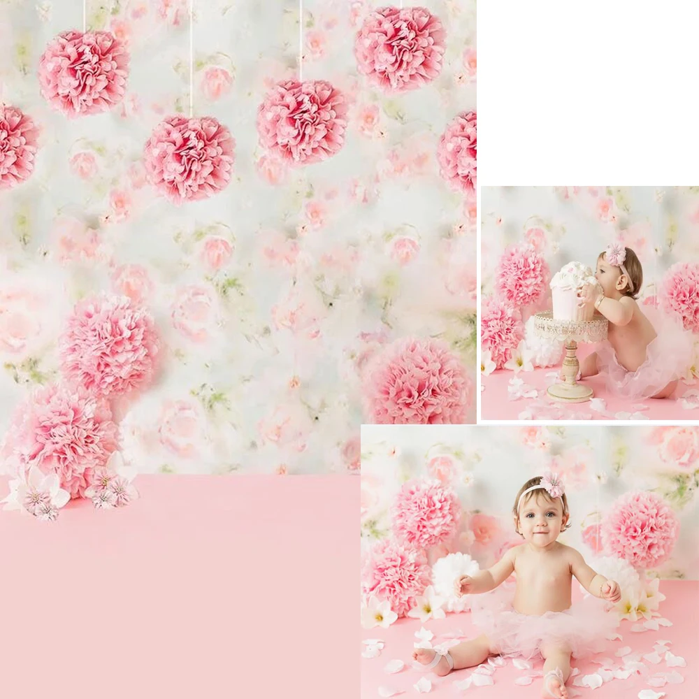 

Digital Printed Pink Paper Flowers Baby Girl Photography Backdrop Newborn Photoshoot Props Kids Birthday Party Photo Background