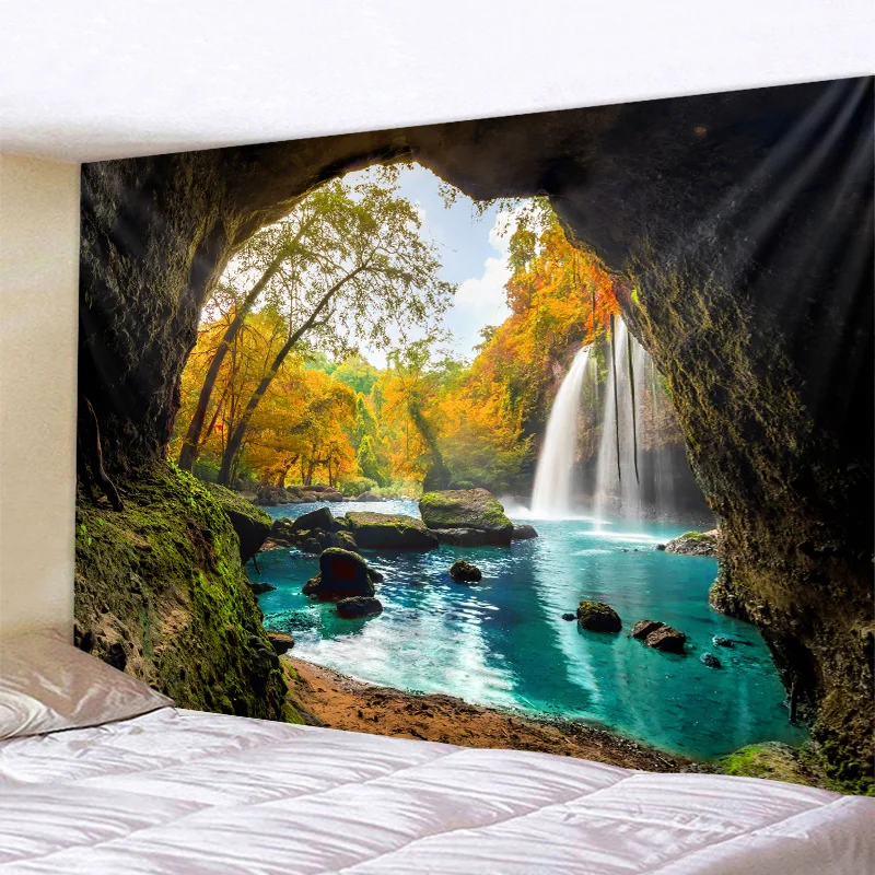 

Beautiful Cave Waterfall Print Wall Hippie Tapestry Polyester Fabric Home Decor Wall Rug Carpets Hanging Big Couch Blanket