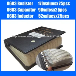 Novo 0603 smd resistor 0r 10 10m 1% 170valuesx25pcs + capacitor 0.5pf ~ 2.2uf 90valuesx25pcs + indutor 52valuesx25pcs livro de amostra