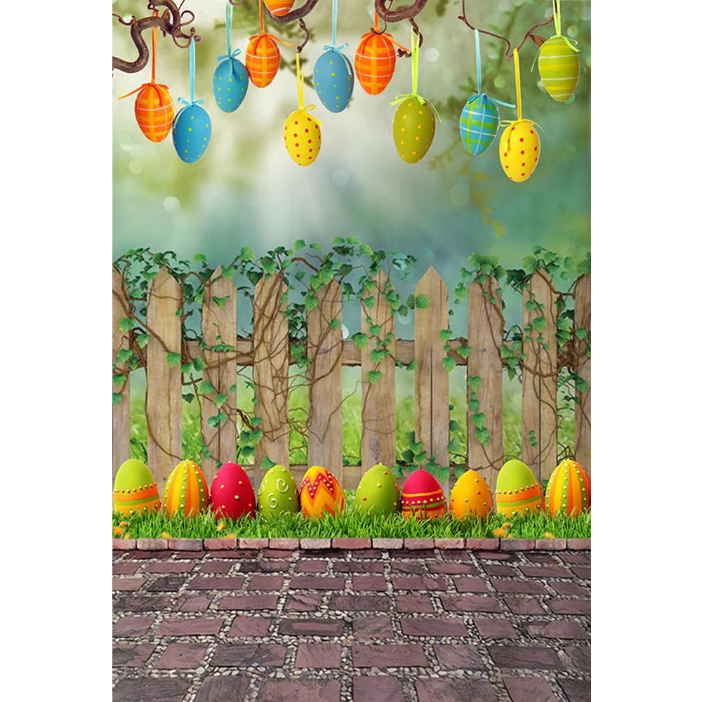 

Spring Easter Photography Backdrops Printed Wood Fence Green Vines Colorful Eggs Newborn Baby Kids Photo Background Brick Floor