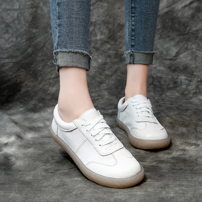 WOIZGIC Gril Women\'s Ladies Female Woman Genuine Leather White Vulcanized Shoes Flats Sneakers Platform Lace Up soft four season