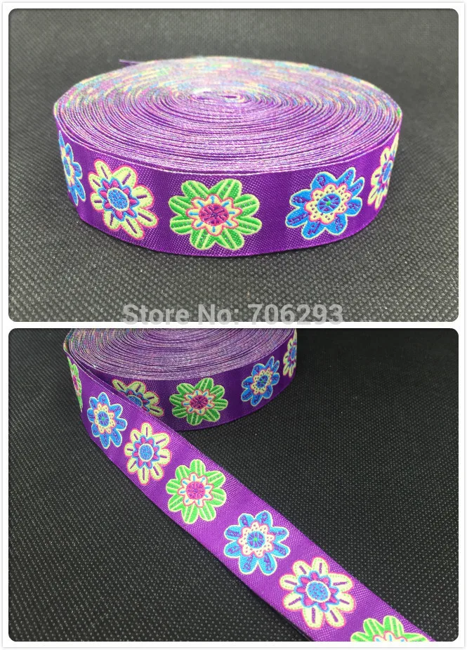 HOT!!! 2015 NEW wholesale 7/8'' 22mm Wide purple flowers Woven Jacquard Ribbon dog chain accessories 10yards/lot