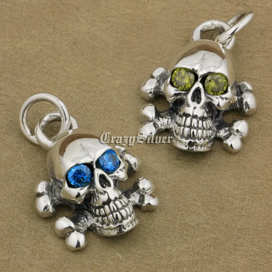 

CZ Eyes Skull Cross Bone 925 Sterling Silver Mens Biker Punk Pendant 8C110 Just Pendant