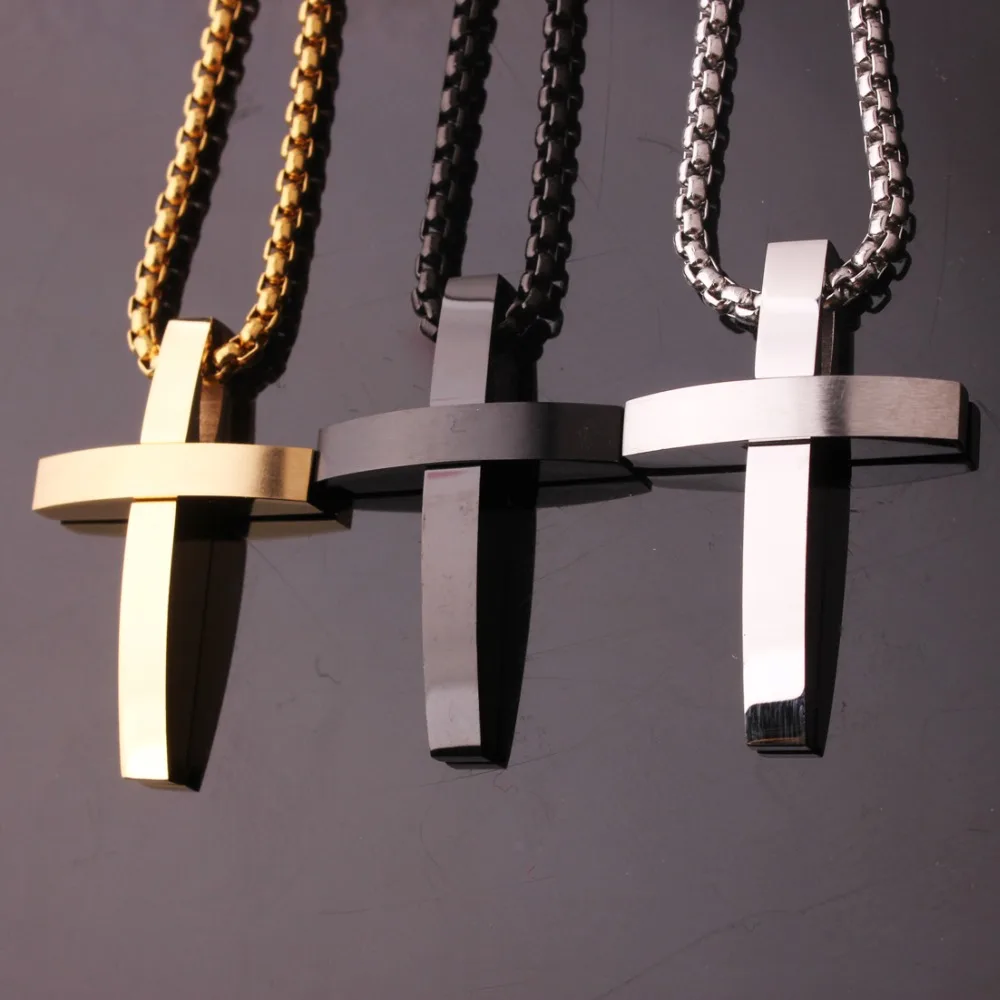 Fashion Gift Male Silver Color Black Gold Color Cross Pendant Necklace for Men Stainless Steel Sanctus Jewelry