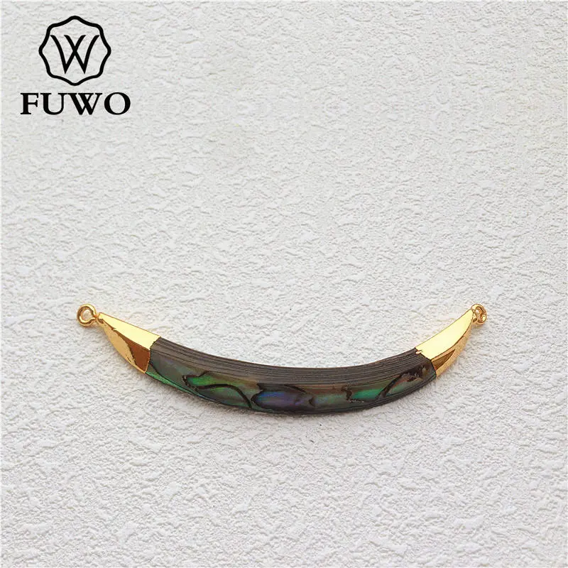 FUWO Natural Abalone Shell Double Loops Pendant With Golden Brass Plated Fashion Personality Long Horn Jewelry For Women PD501