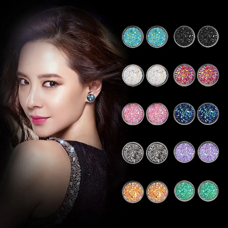 10 Colors Pink Blue Black White Green Frosted Full Shiny Crystal Geometric Circle Stud Earrings For Women