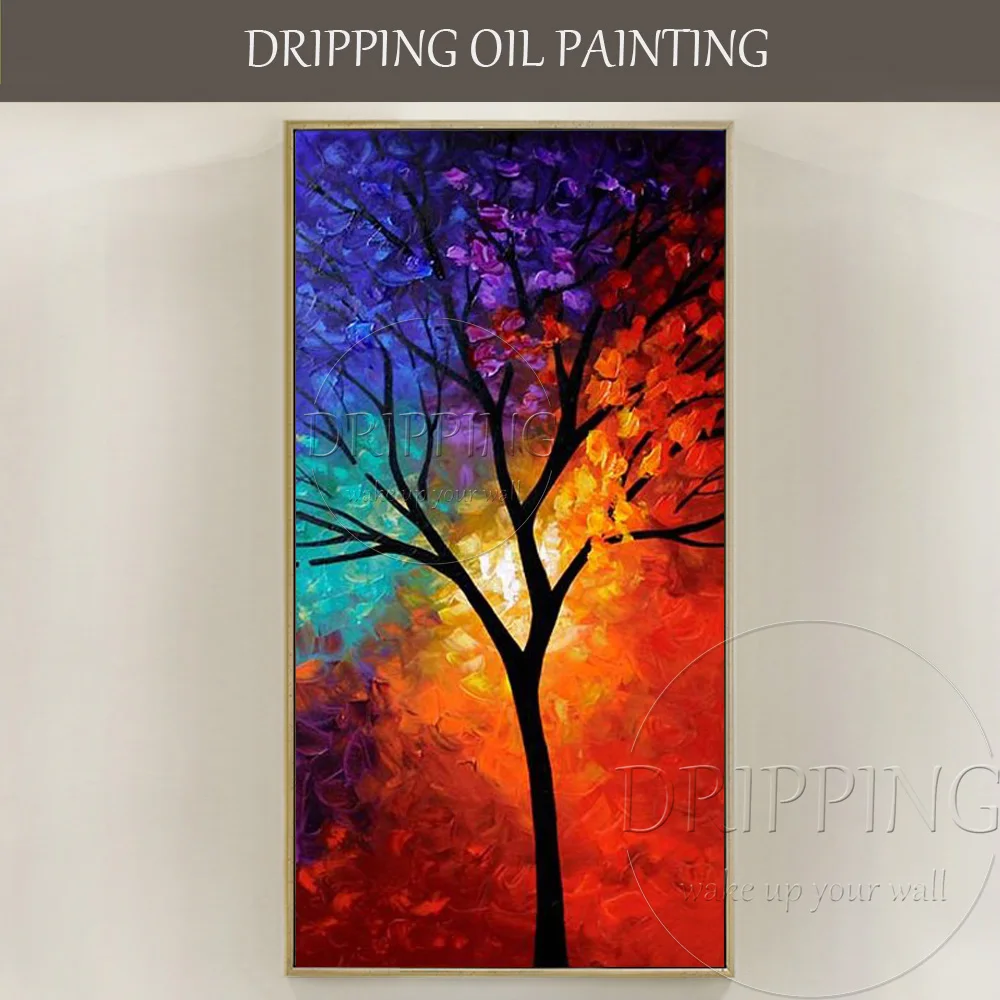 New Painted Artist Handmade Abstract Colorful Tree Painting for Wall Art Decor Hand-painted Bright Colors Tree Oil Painting