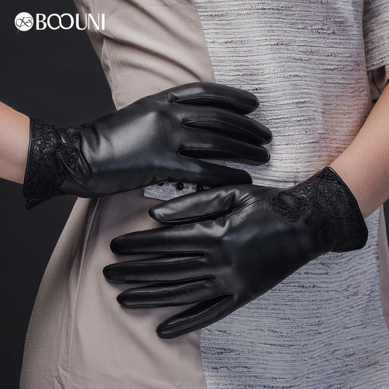 BOOUNI Genuine Leather Gloves High Quality Women Fashion Black Lace Embroidery Sheepskin Gloves Winter Driving Glove NW075