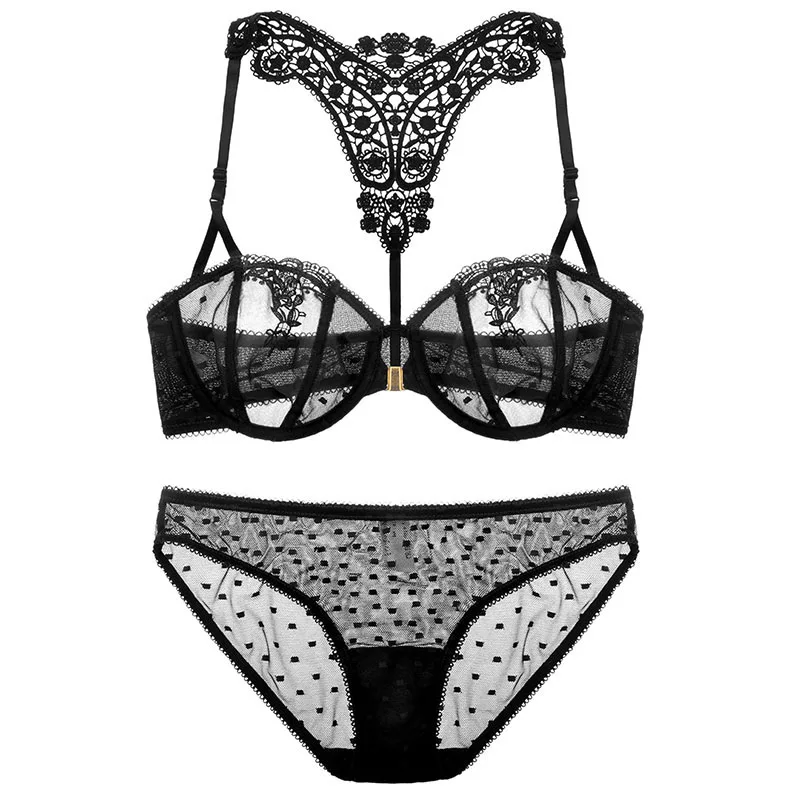 

Europe Underwear High-end Sexy Thin Cup Adusted Bra Set Front Closure Transparent Temptation Lingerie Underwear Set High Quality