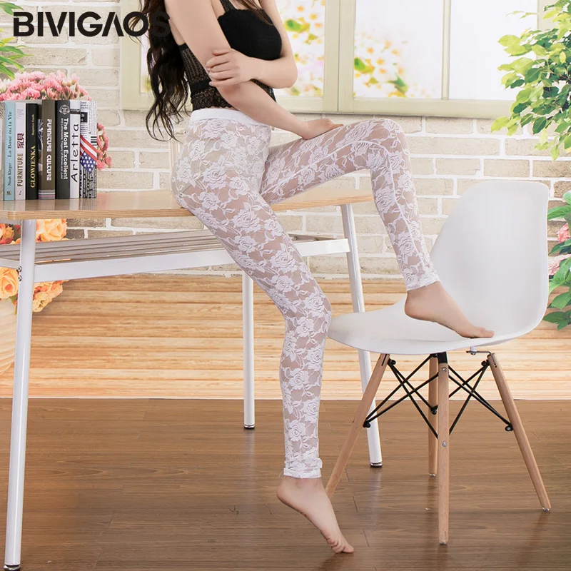 BIVIGAOS New Summer Women Lace Roses Sexy Leggings Thin Elastic Rose Hollow Push Up Leggings Women\'s Transparent Black Leggings