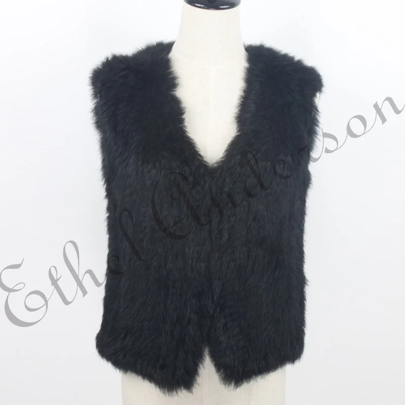 ETHEL ANDERSON Women's 100% Real Farm Knitted Rabbit Fur Coat Fur Vest Outwear Gilet Fur Spring Fall Coat Jacket Short Style