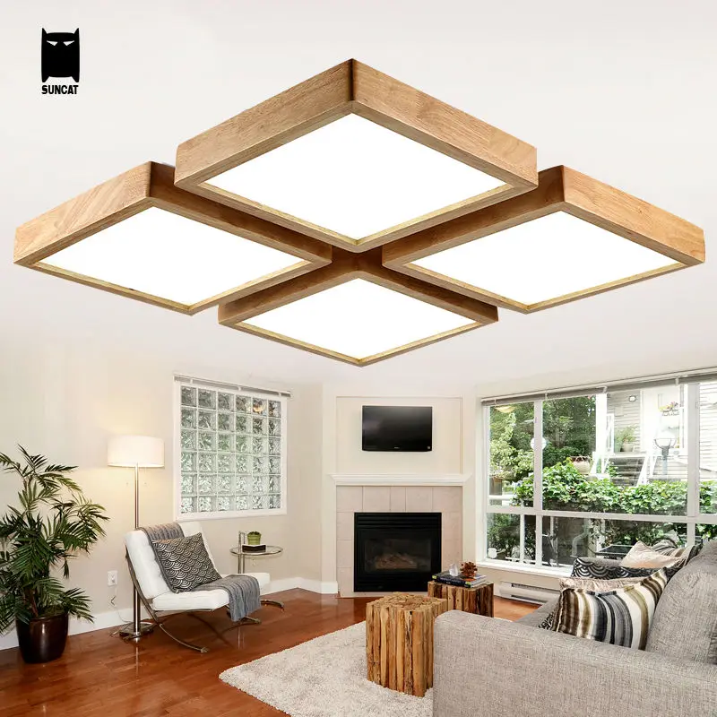 LED Square Oak Wood Acrylic Ceiling Light Fixture Modern Nordic Japan Dimmable Plafon Lamp Luminaria Living Room Bedroom Kitchen