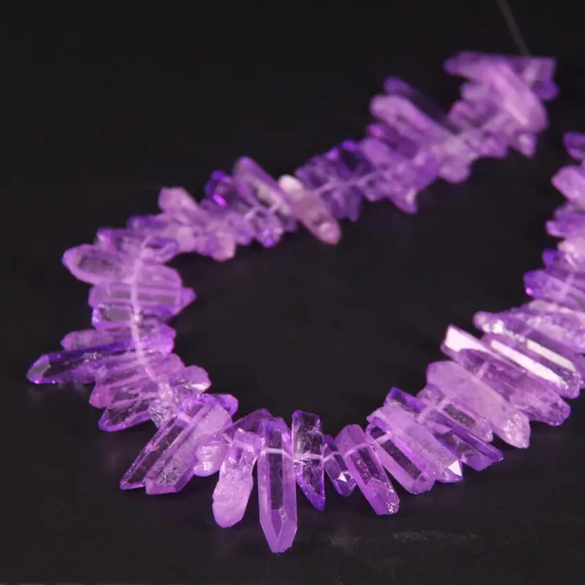 

15.5"strand Beautiful Purple Raw Crystal Quartz Top Drilled Point Beads,Titanium Natural Crystal Stick Pendants Jewelry Making