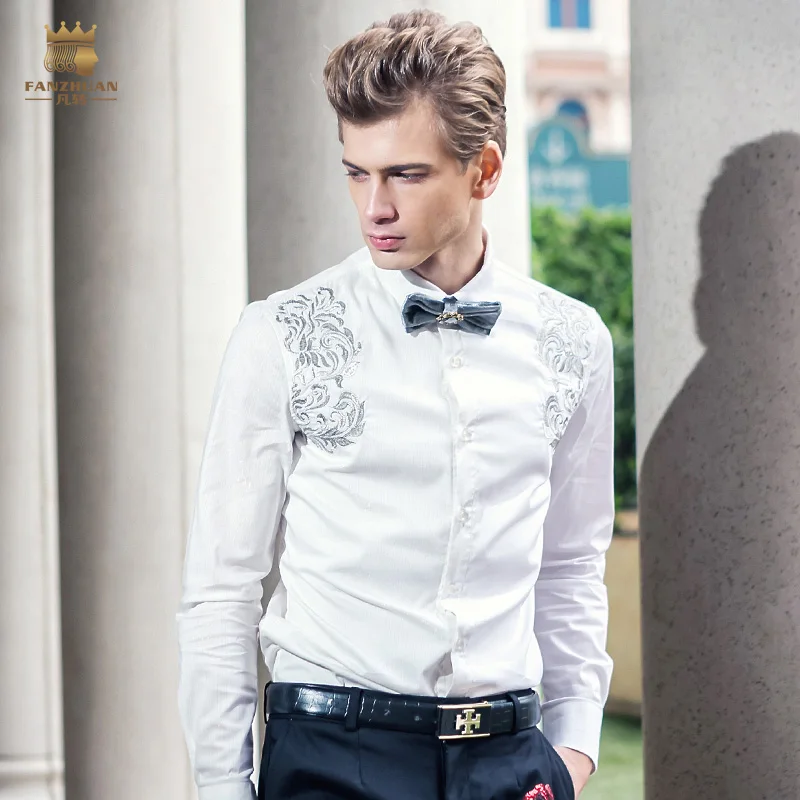 Fanzhuan Free Shipping New fashion casual male Men's  spring embroidered flowers white shirt Silver Palace design 612025