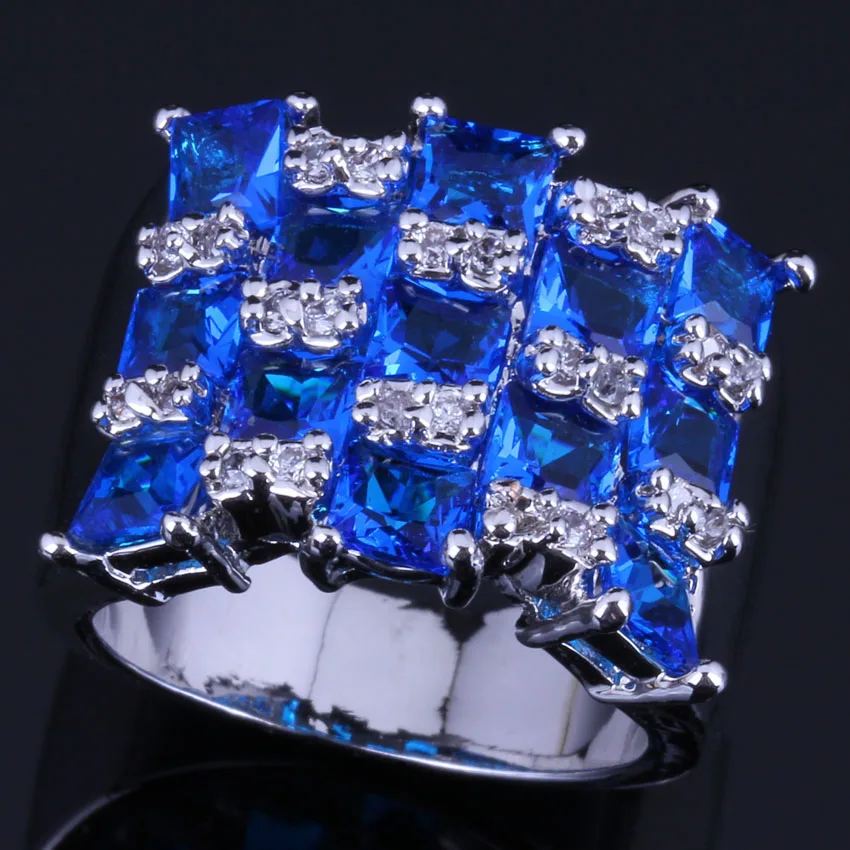 Superb Square Blue Cubic Zirconia White CZ Silver Plated Ring V0579